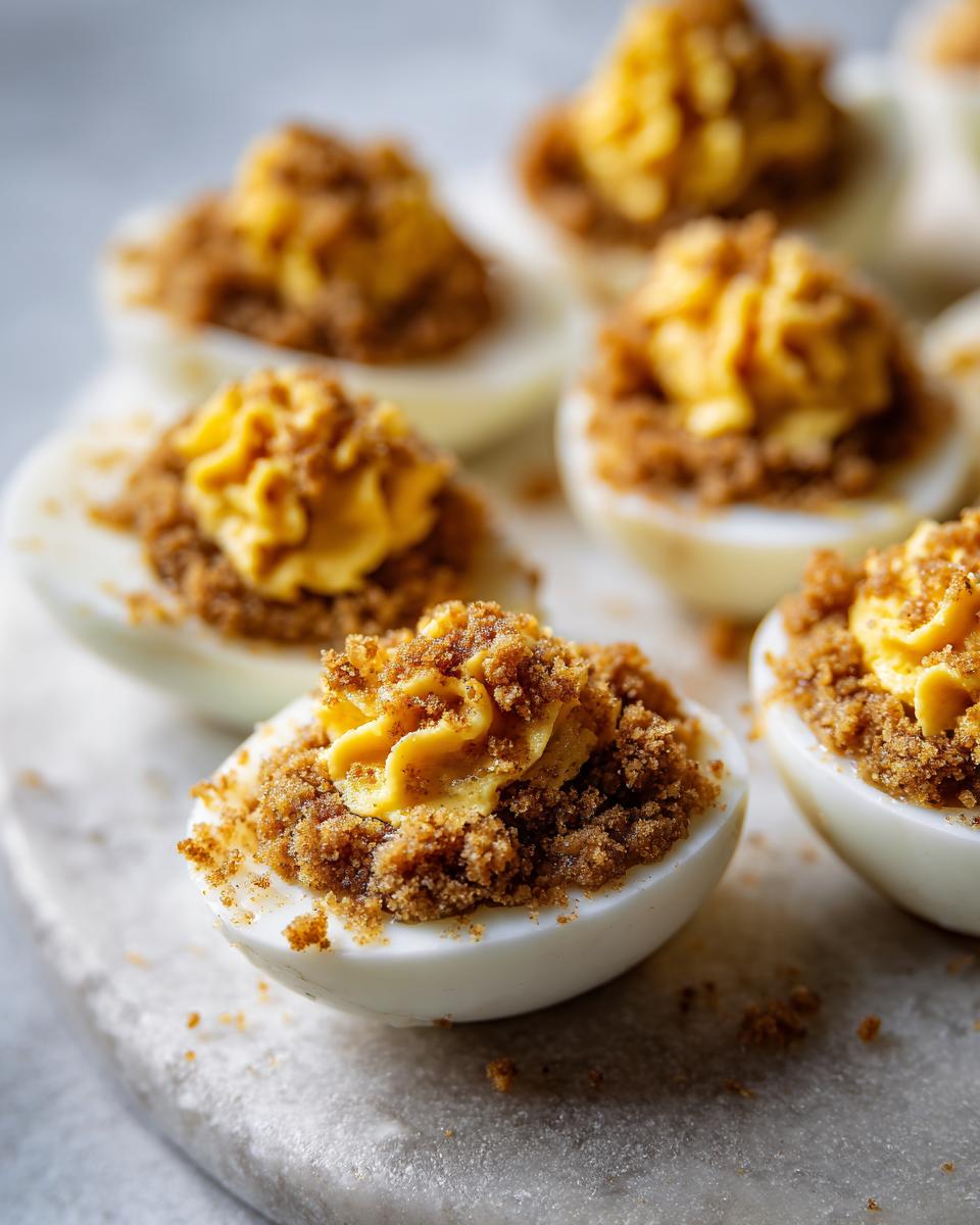 Huevos rellenos de masa de galleta con textura cremosa y migajas doradas sobre tabla de mármol.
