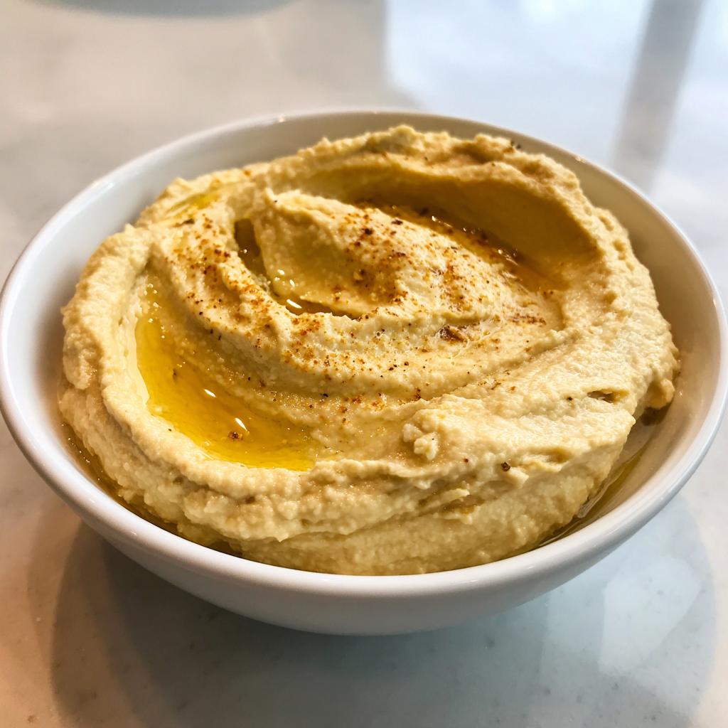 Bol blanco con hummus casero cremoso decorado con aceite de oliva y especias