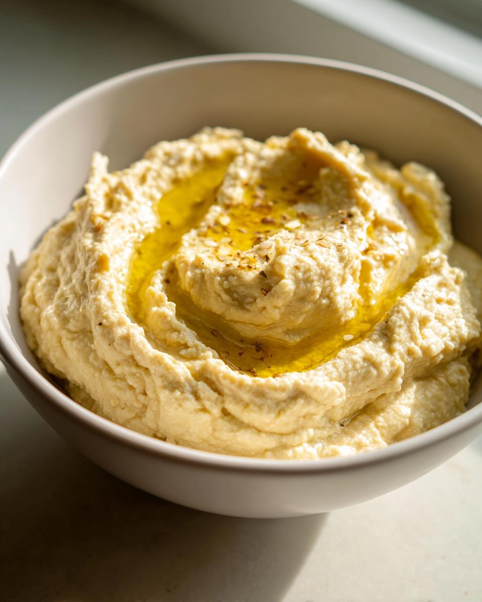 Bol blanco con hummus casero cremoso decorado con aceite de oliva y especias
