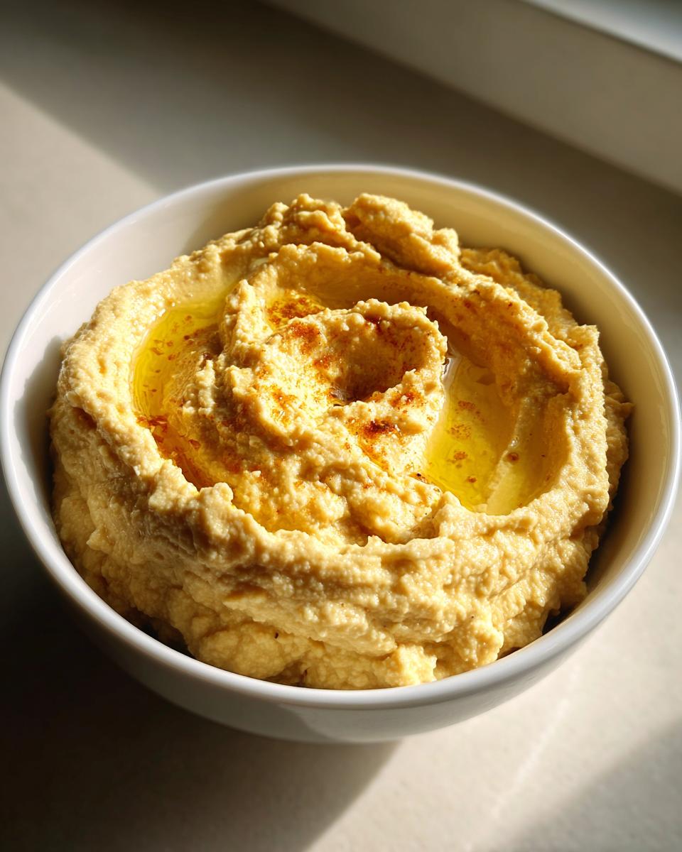 Bol blanco con hummus casero cremoso decorado con aceite y especias