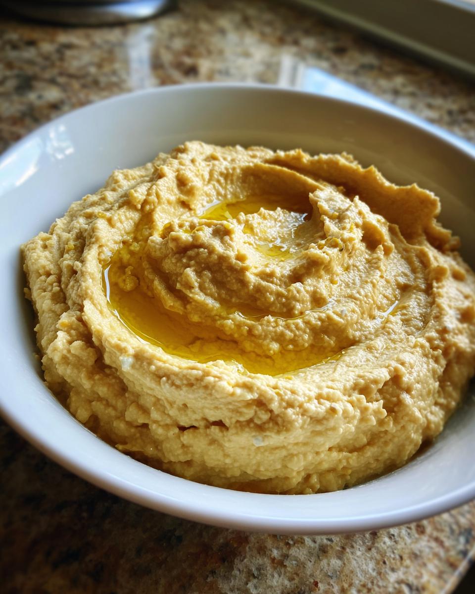Bol blanco con hummus casero cremoso y un chorrito de aceite de oliva encima