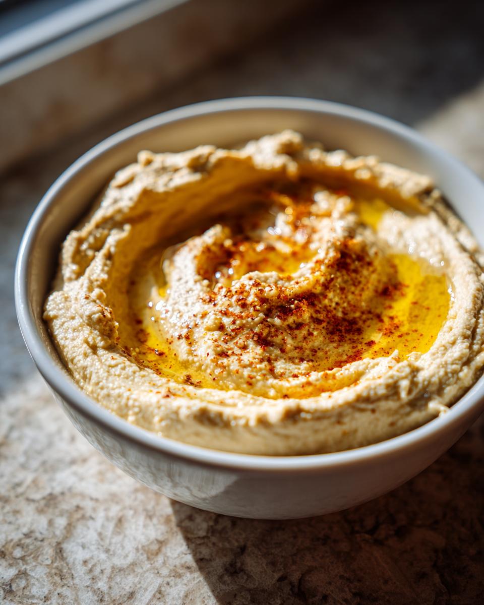 Bol blanco con hummus casero cremoso decorado con aceite y especias rojas