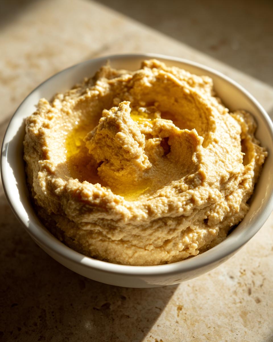 Bol blanco con hummus casero cremoso y aceite de oliva en el centro