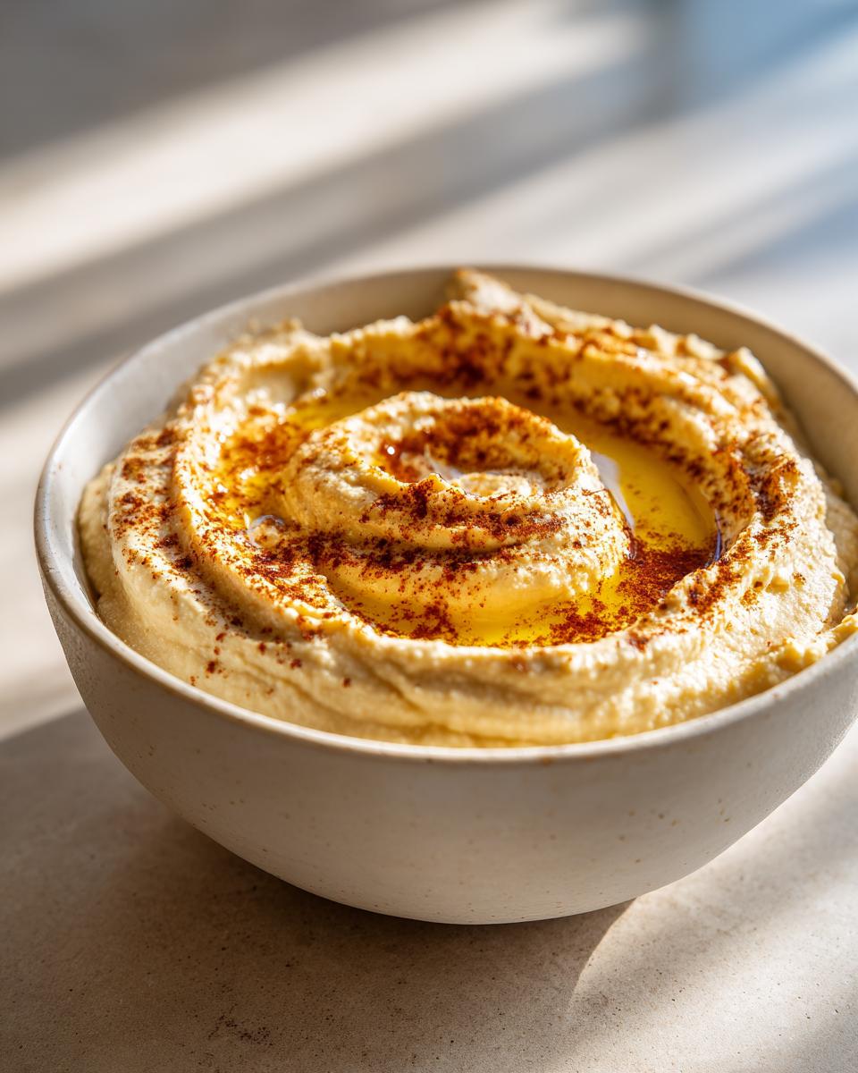 Tazón de hummus casero cremoso con aceite de oliva y pimentón, ideal para snacks saludables