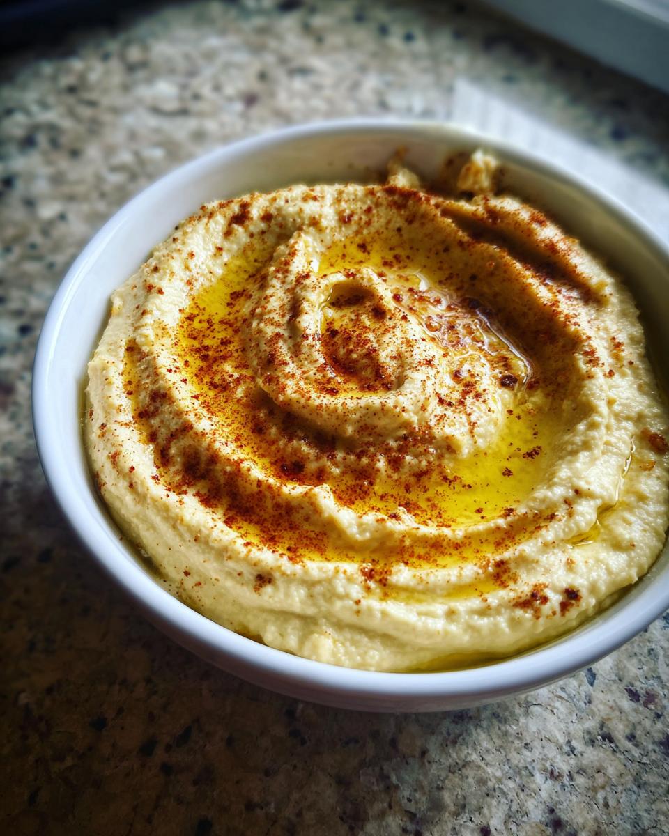 Tazón blanco con hummus casero cremoso con aceite de oliva y especias para snacks saludables