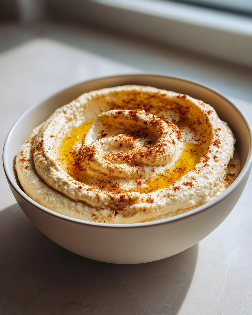 Bowl blanco con hummus casero espolvoreado con pimentón y aceite de oliva, ideal para snacks saludables