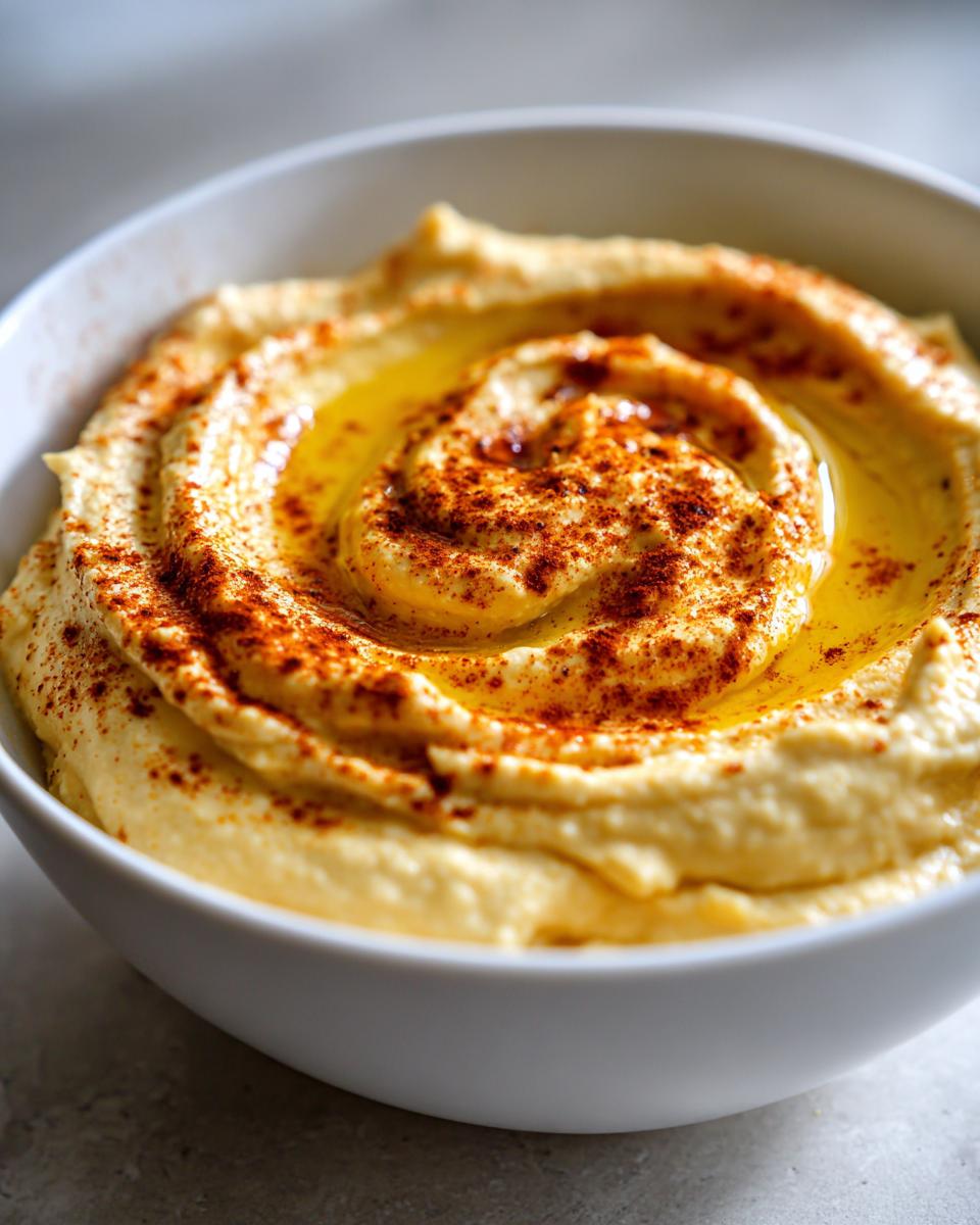 Bowl con hummus casero cremoso decorado con aceite y pimentón, ideal para snacks saludables