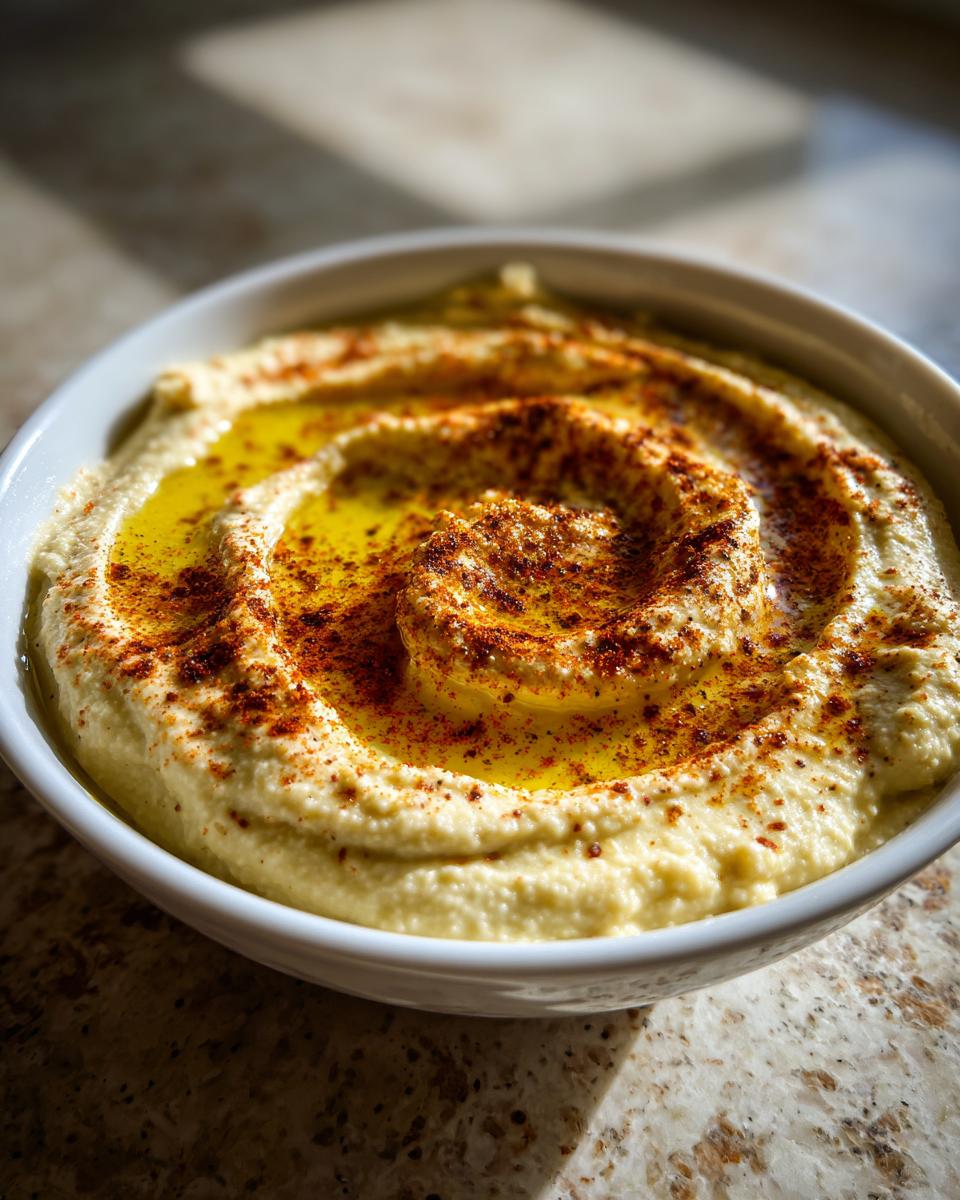 Bowl blanco con hummus casero decorado con aceite de oliva y pimentón, ideal para snacks saludables