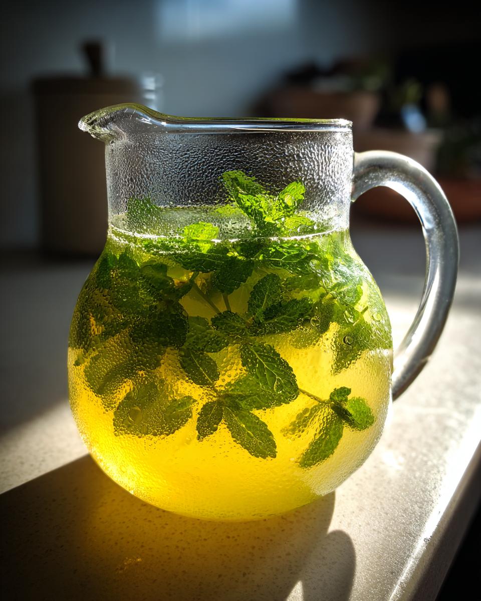 Jarra transparente con limonada con hierbabuena y gotas de condensación