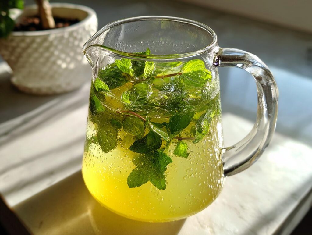 Jarra transparente con limonada con hierbabuena y gotas de condensación