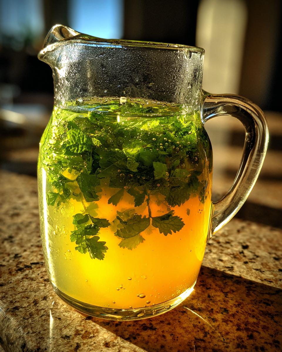 Jarra transparente con limonada con hierbabuena y burbujas sobre una mesa