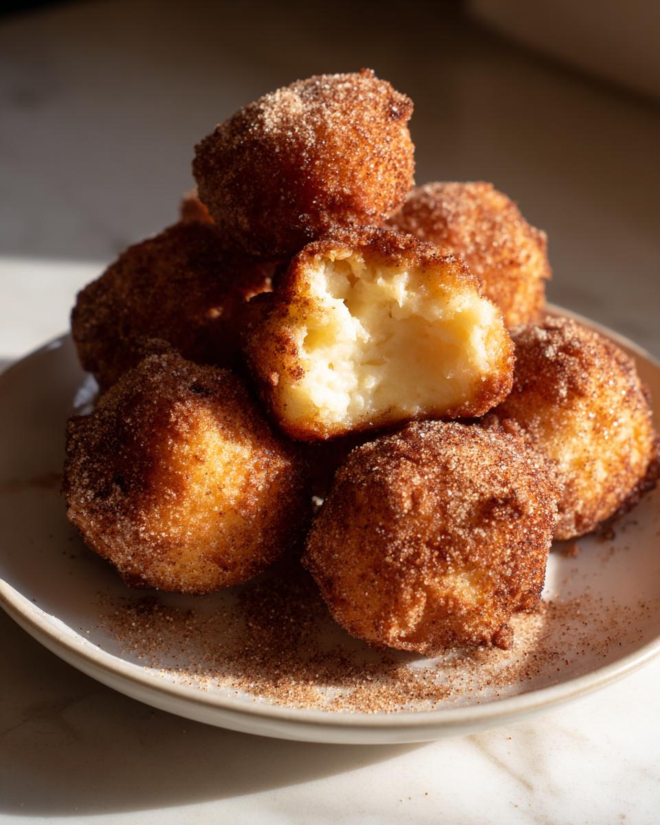 Bolitas de leche frita tradicional con textura cremosa y recubiertas de azúcar y canela