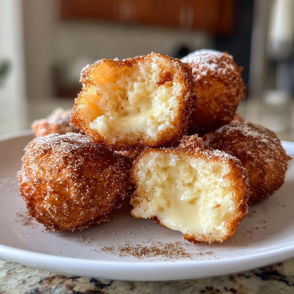 Bolitas de leche frita tradicional con interior cremoso y exterior dorado espolvoreadas con azúcar y canela.