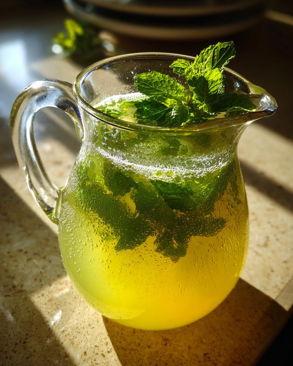 Jarra transparente con limonada con hierbabuena y burbujas, iluminada por luz natural