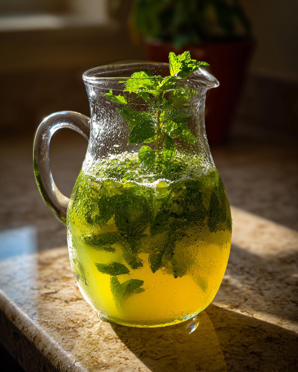 Jarra transparente con limonada con hierbabuena y hojas verdes frescas