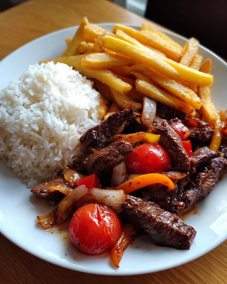Lomo saltado servido con arroz blanco y papas fritas en un plato blanco.