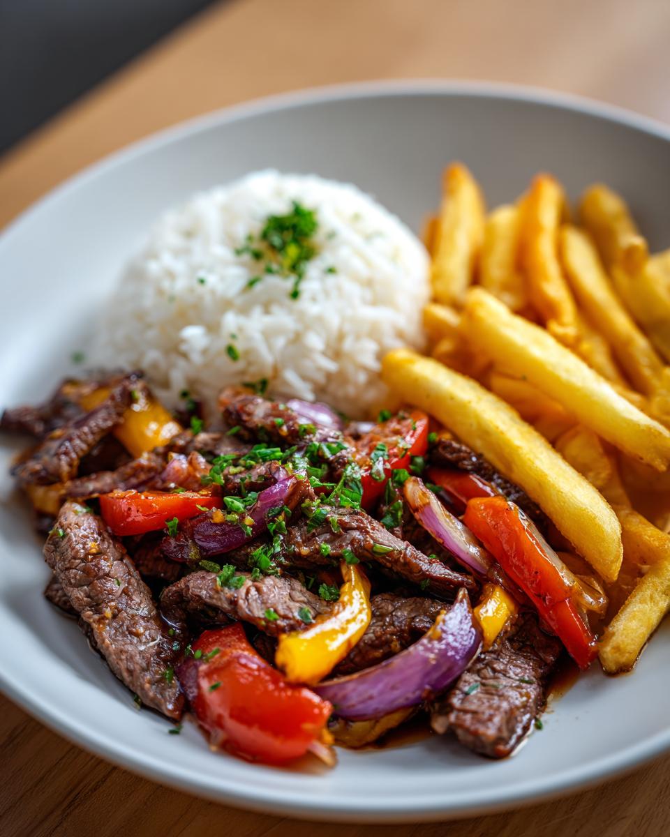 Lomo saltado con tiras de carne, pimientos, cebolla, arroz blanco y papas fritas en plato blanco