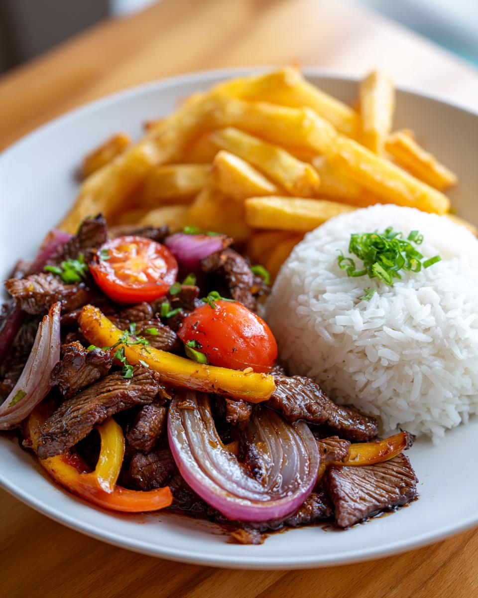 Lomo saltado con carne, cebolla, tomate, arroz blanco y papas fritas en un plato blanco