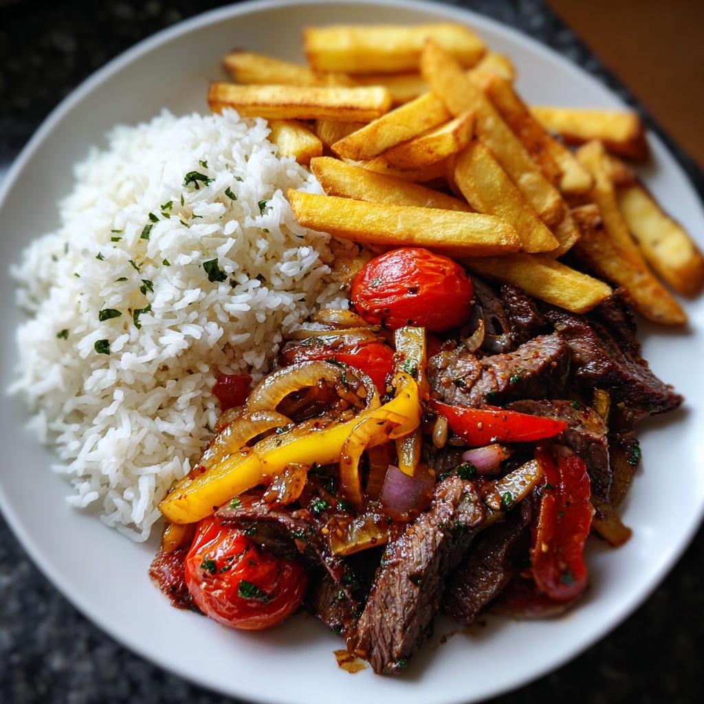 Lomo saltado con tiras de carne, tomates, cebolla, arroz blanco y papas fritas en plato blanco