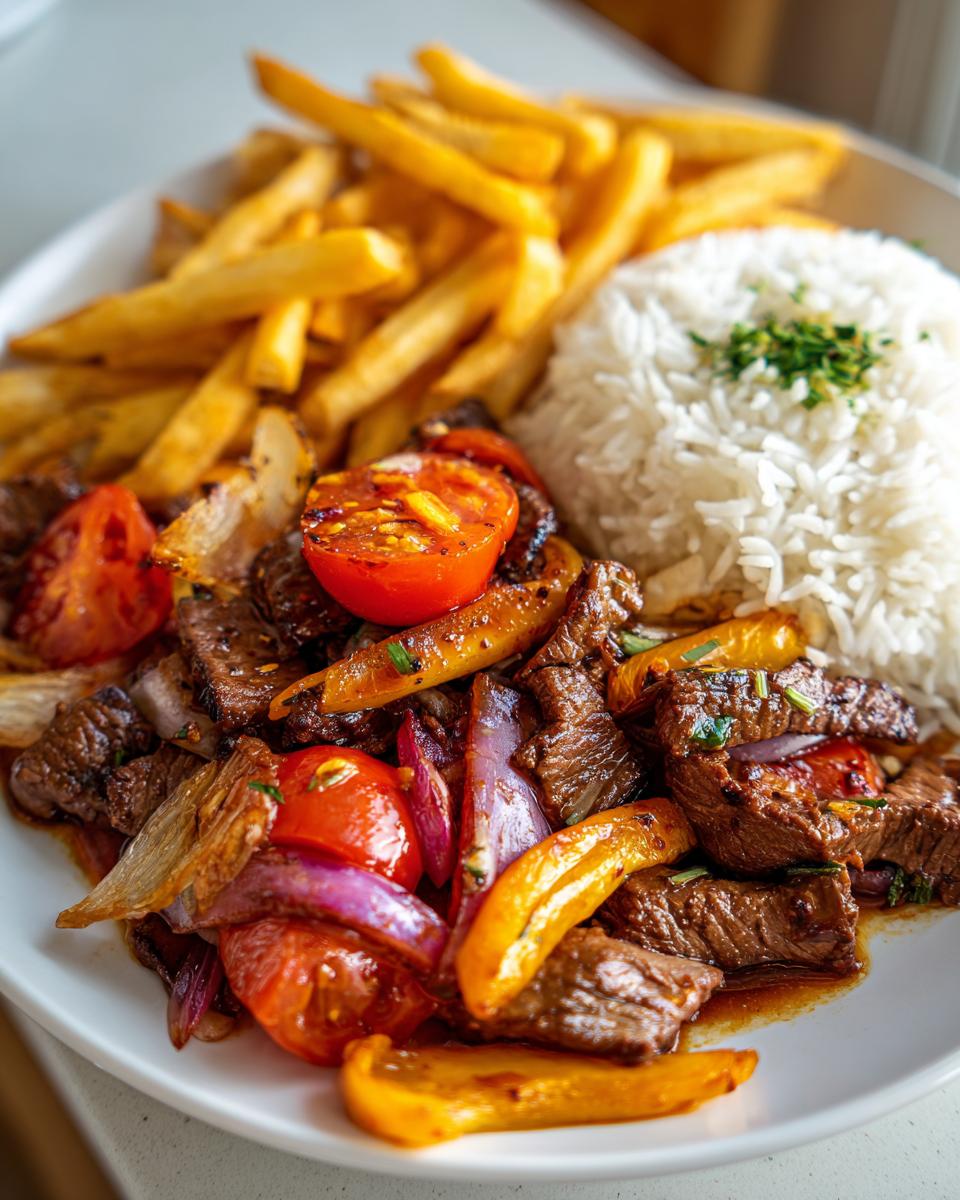 Lomo saltado con carne, tomates, cebolla, pimientos, acompañado de papas fritas y arroz blanco