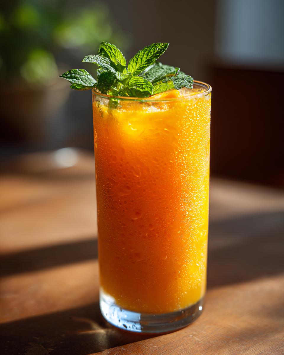 Vaso alto con mocktail de mango sin alcohol decorado con hojas de menta fresca