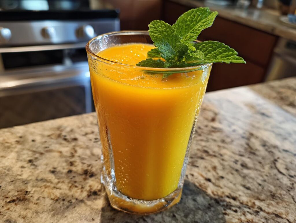 Vaso con mocktail de mango sin alcohol decorado con hojas de menta fresca sobre mesa de granito