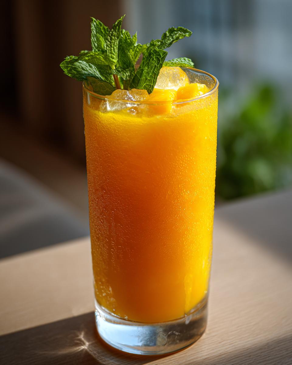 Vaso alto con mocktail de mango sin alcohol, hielo y hojas de menta fresca.