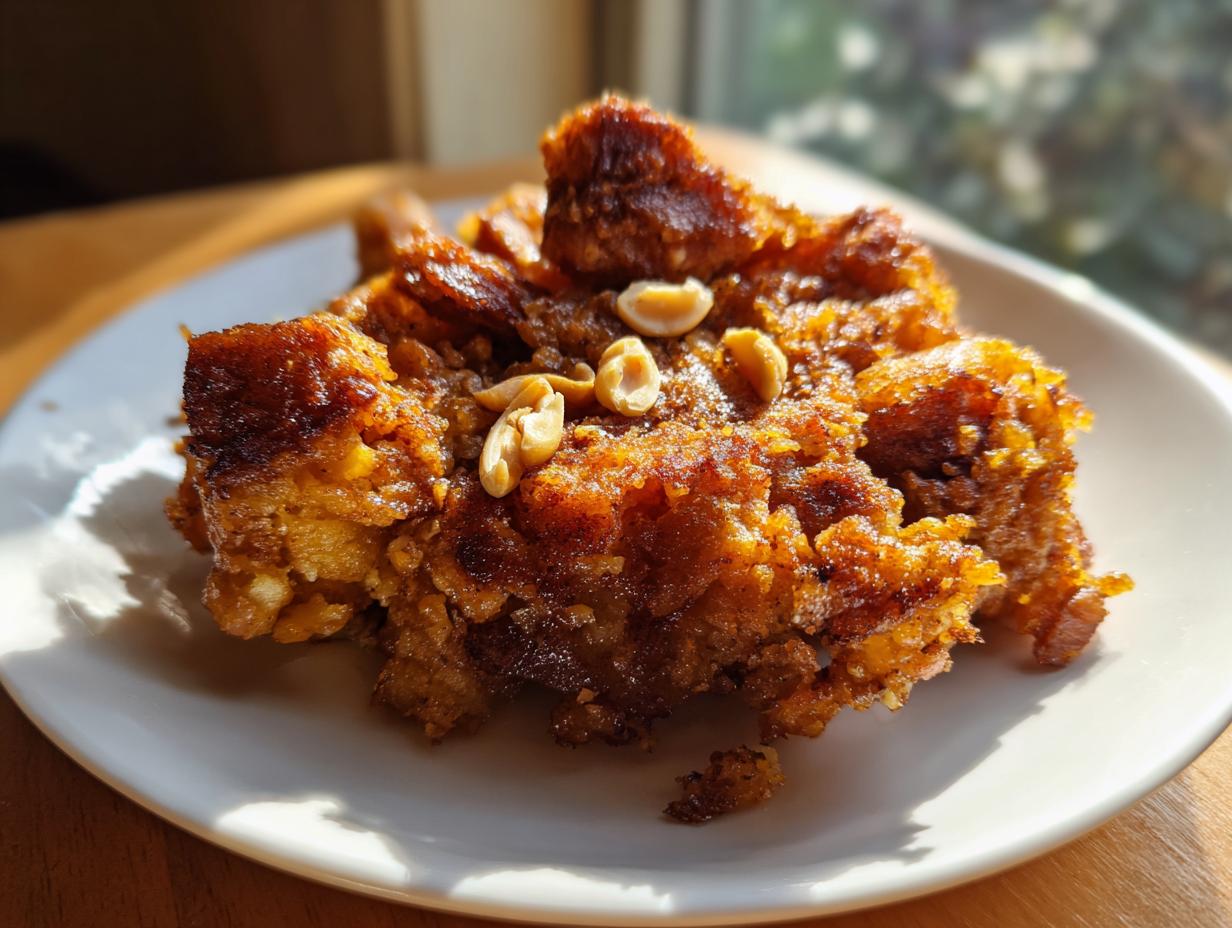 Porción de mofongo puertorriqueño con trozos crujientes y maní en plato blanco.