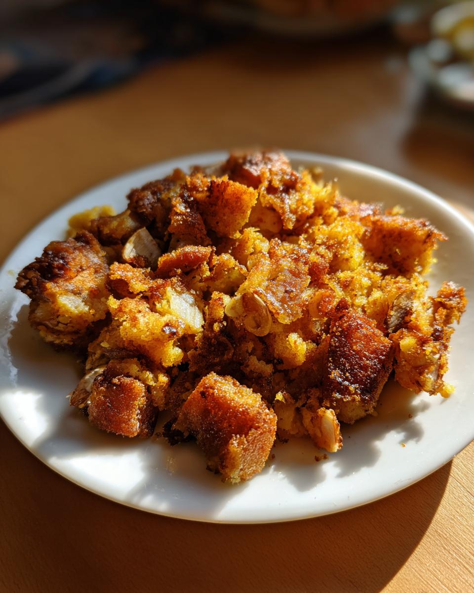 Porción de mofongo puertorriqueño con trozos dorados y ajo en plato blanco