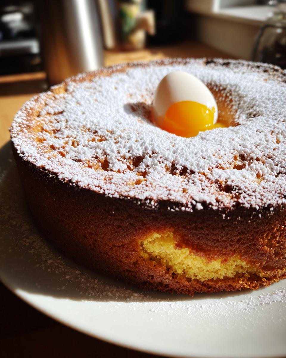 Mona de Pascua casera con huevo entero en el centro y azúcar glas espolvoreada encima