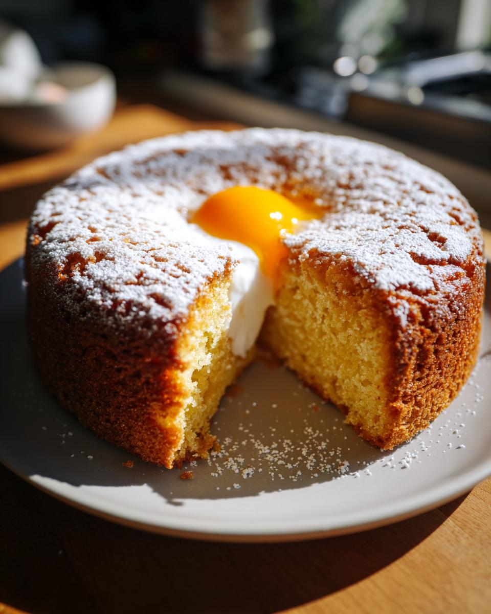 Mona de Pascua casera con huevo y azúcar glas en un plato blanco