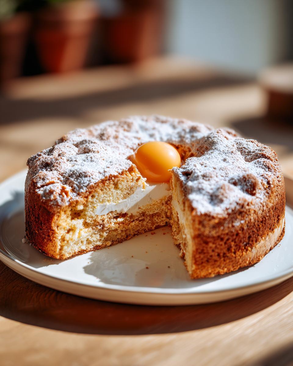 Mona de Pascua casera con polvo de azúcar, crema y huevo en el centro sobre plato blanco.