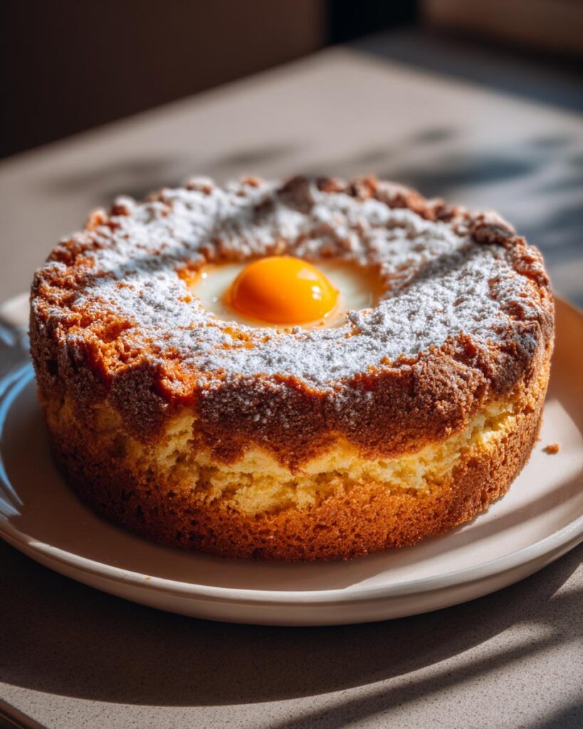 Mona de Pascua con huevo en el centro y azúcar glas espolvoreada encima