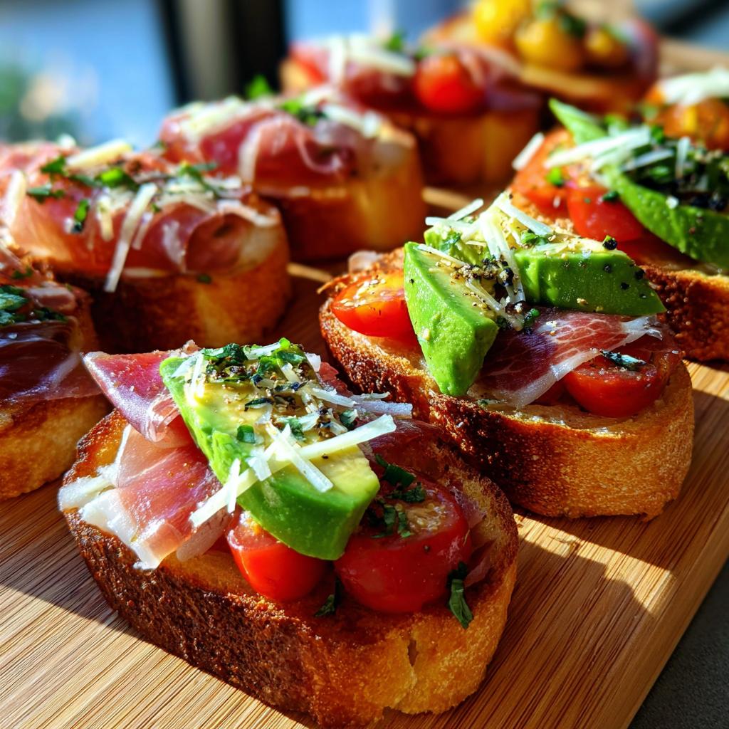 Montaditos variados fáciles con pan tostado, aguacate, tomate cherry, jamón y queso rallado