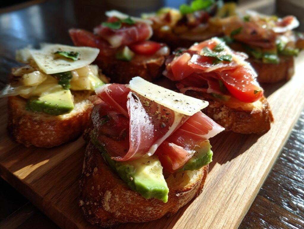 Montaditos variados fáciles con pan tostado, jamón, aguacate y queso en tabla de madera