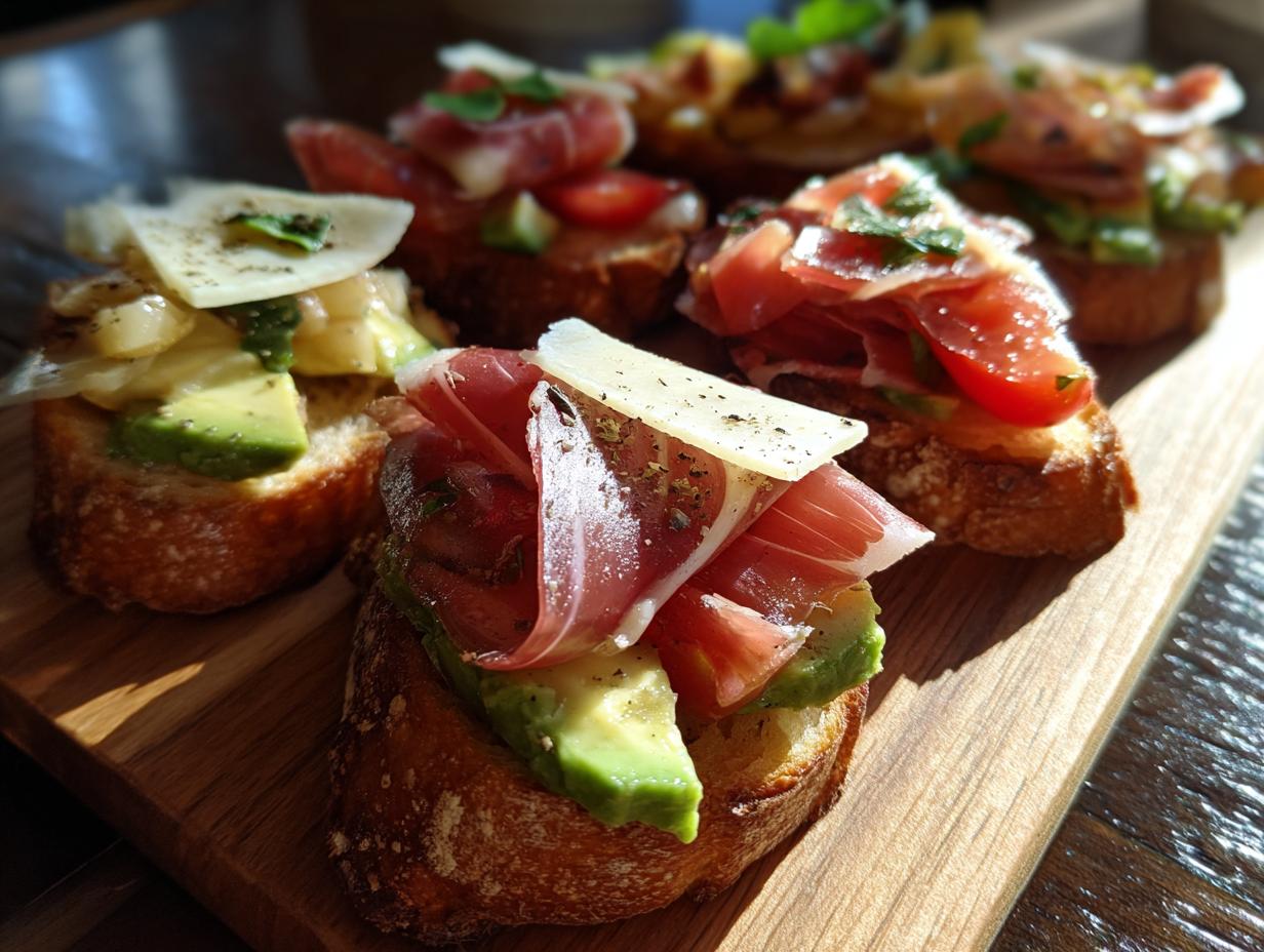 Montaditos variados fáciles con pan tostado, jamón, aguacate y queso en tabla de madera