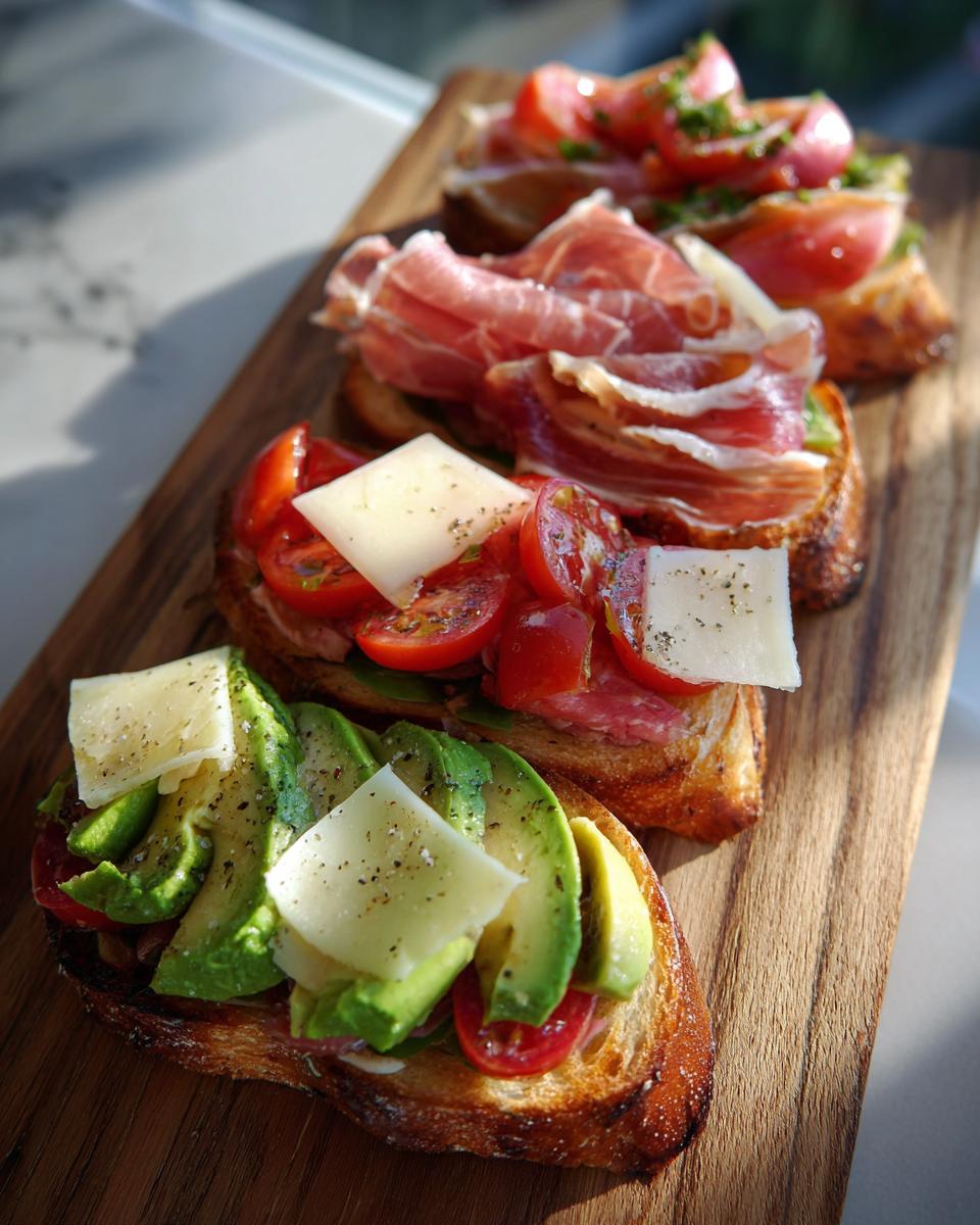 Montaditos variados fáciles con aguacate, tomate, jamón y queso sobre pan tostado