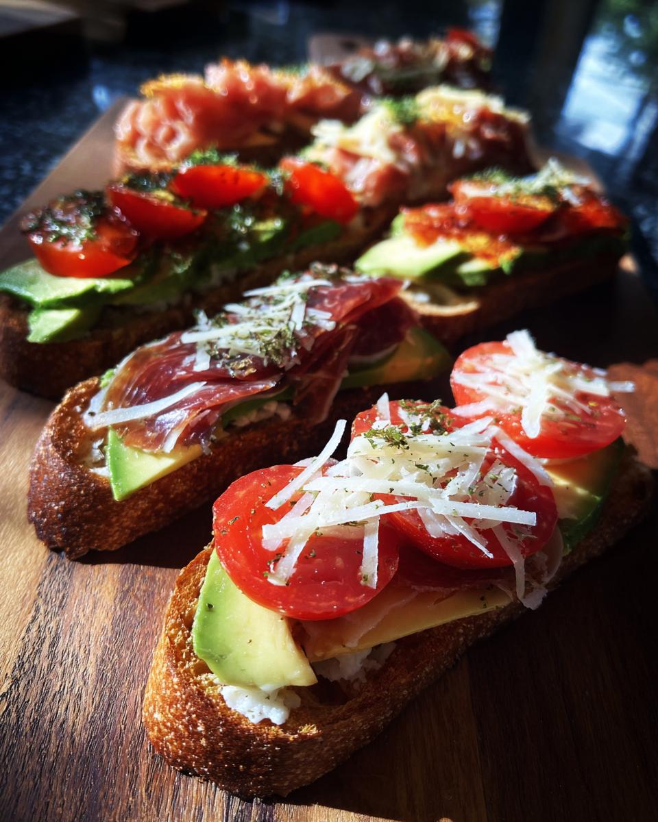 Montaditos variados fáciles con tomate cherry, jamón, aguacate y queso sobre pan tostado