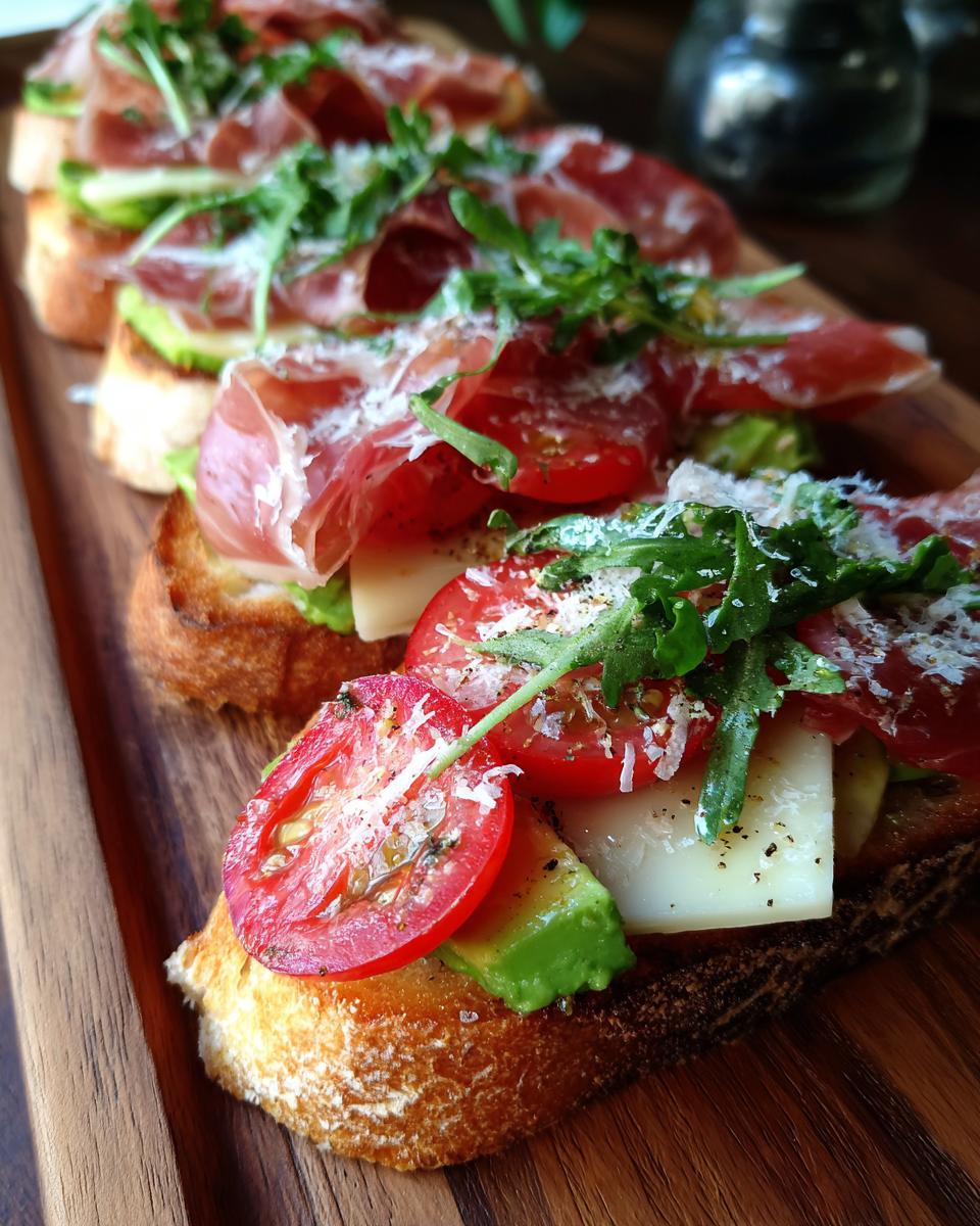 Montaditos variados fáciles con pan tostado, tomate, jamón, queso y rúcula en tabla de madera