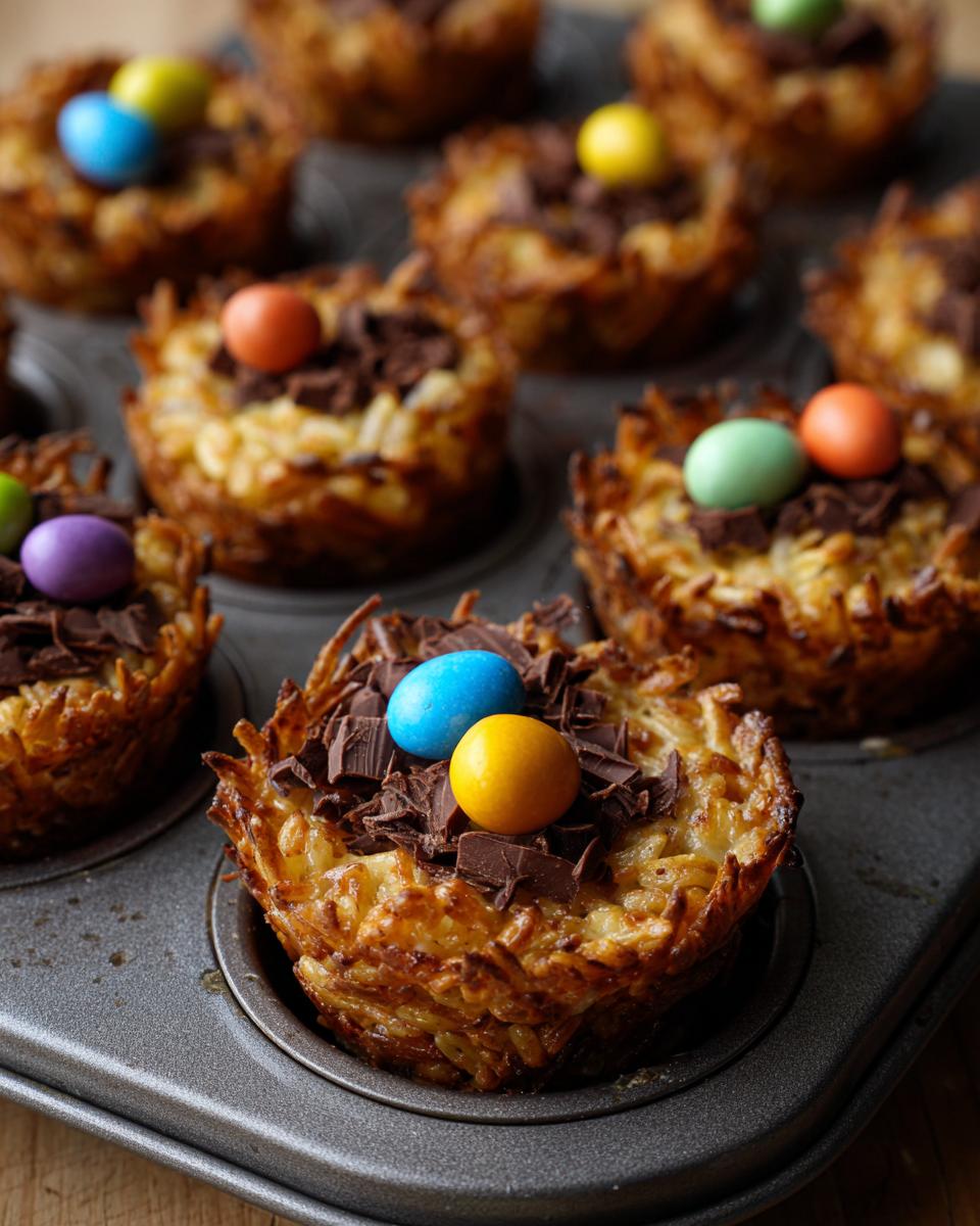 Nidos de Pascua crujientes en molde con huevos de chocolate de colores y trozos de chocolate.