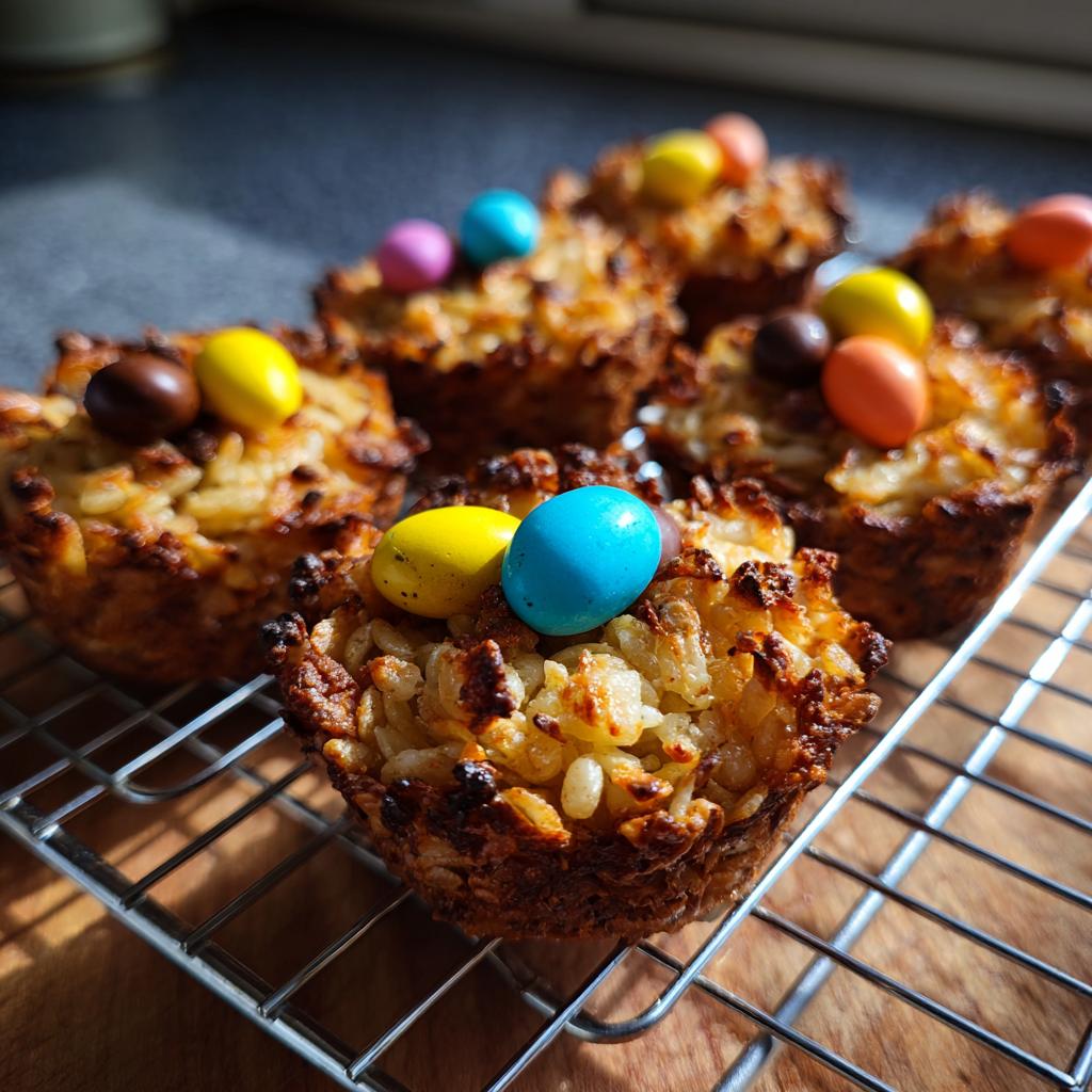 Nidos de Pascua crujientes decorados con huevos de chocolate de colores sobre rejilla metálica