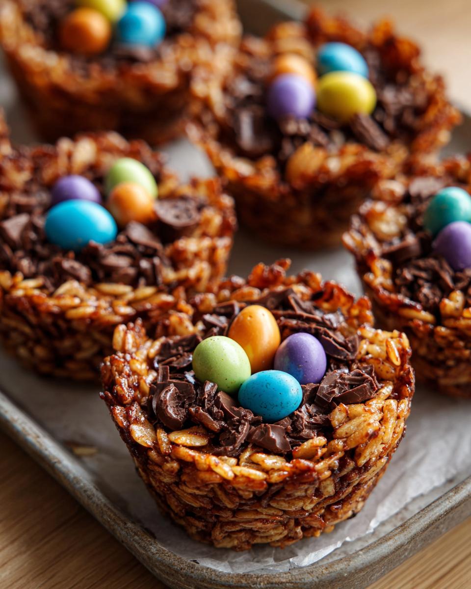 Nidos de Pascua crujientes con arroz inflado, trozos de chocolate y huevos de colores.