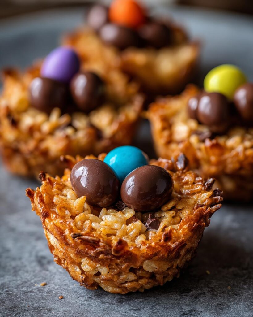 Nidos de Pascua crujientes hechos de arroz inflado con huevos de chocolate de colores encima