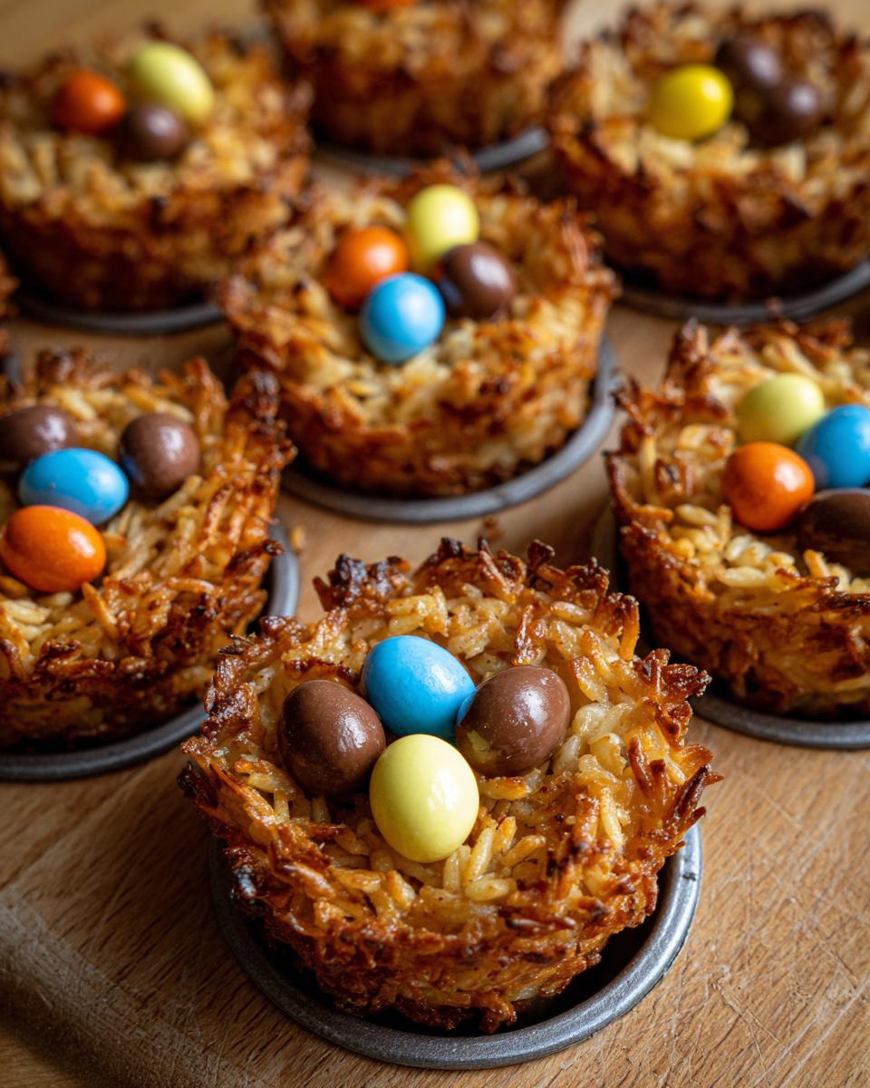Nidos de Pascua crujientes rellenos con huevos de chocolate de colores en moldes metálicos