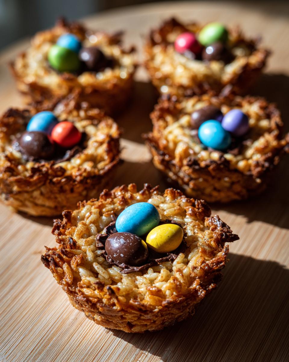 Nidos de Pascua crujientes con huevos de chocolate de colores sobre tabla de madera