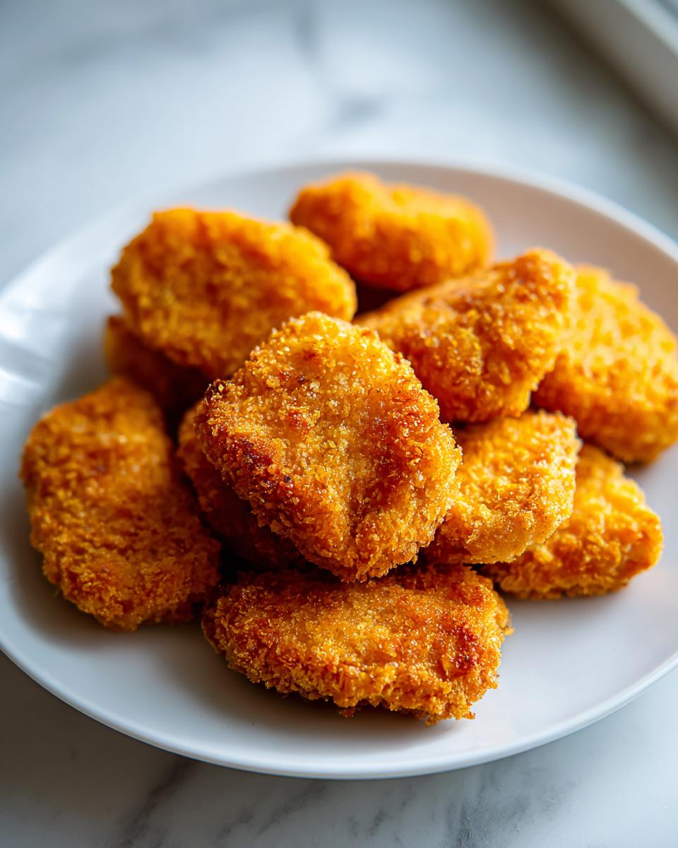 Plato blanco con nuggets de pollo en airfryer dorados y crujientes sobre mesa clara.