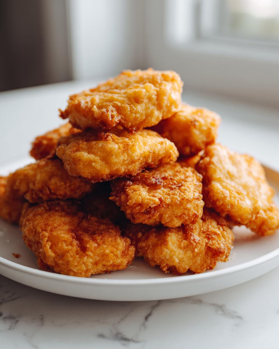Nuggets de pollo en airfryer dorados y crujientes apilados en un plato blanco.