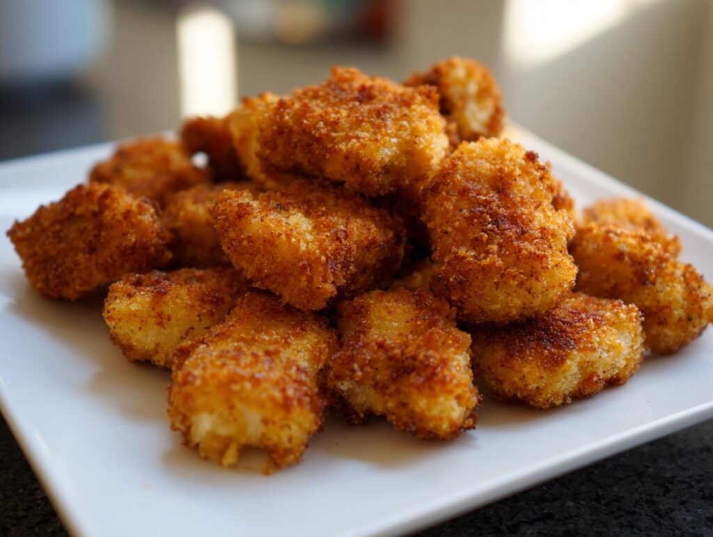 Plato con nuggets de pollo en airfryer crujientes y dorados sobre fondo difuminado