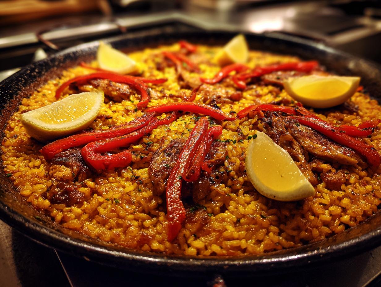 Paella valenciana tradicional con arroz, pollo, pimientos rojos y rodajas de limón en sartén.
