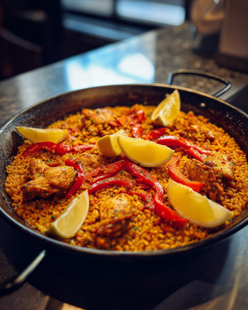 Paella valenciana con arroz, pollo, pimientos rojos y gajos de limón en sartén